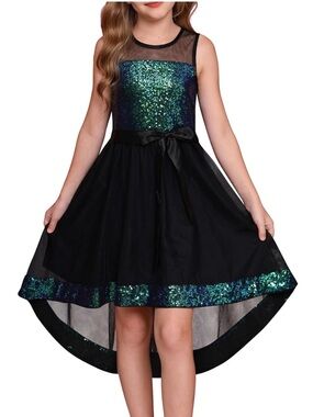 Girls Black and Green Sequin High-Low Dress - Kids Costume